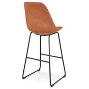 Tabouret de bar 'GUSTO' en microfibre marron pieds tréteaux et repose pieds métal noir dossier haut