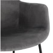 Tabouret de bar design à accoudoirs moderne 'CARINO' en velours gris avec 4 pieds en métal noir