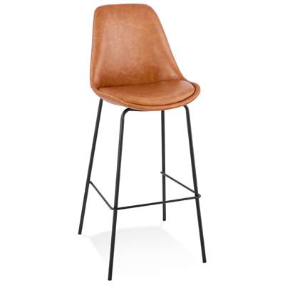 Tabouret de bar design moderne 'KESKI' marron 4 pieds et repose pieds en métal noir dossier haut