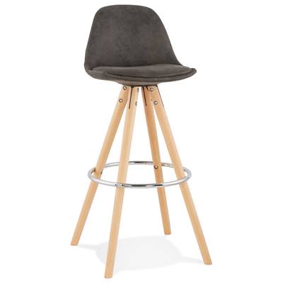 Tabouret de bar scandinave 'CIRCLE' tissu gris 4 pieds bois naturel repose pieds chromé dossier haut