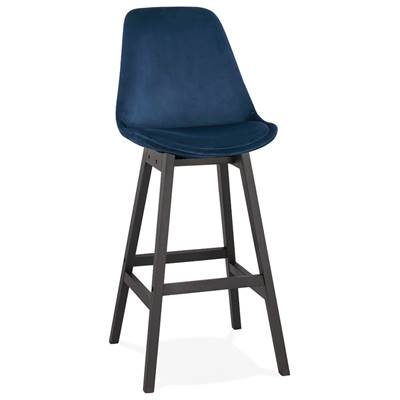 Tabouret de bar design 'CHAIRMAN BLACK EDITION' velours bleu 4 pieds en bois noir dossier haut