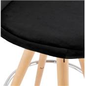 Tabouret bar scandinave 'CIRCLE' velours noir 4 pieds bois naturel repose pieds chromé dossier haut