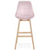 Tabouret de bar scandinave 'CHAIRMAN' en velours rose avec 4 pieds en bois naturel et dossier haut