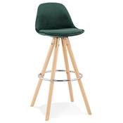 Tabouret bar scandinave 'CIRCLE' velours vert 4 pieds bois naturel repose pieds chromé dossier haut