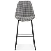 Tabouret de bar design 'GUSTO' en tissu pied de poule avec pieds tréteaux en métal noir dossier haut