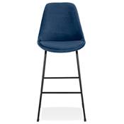 Tabouret de bar 'GUSTO' en velours bleu pieds tréteaux et repose pieds en métal noir dossier haut