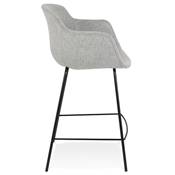 Tabouret snack mi-hauteur accoudoirs 'CARINO MINI' tissu gris clair 4 pieds métal noir dossier haut