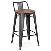 Tabouret de snack mi-hauteur industriel carré 'METALLO MINI' assise bois dossier 4 pieds gris foncé