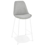 Tabouret de snack mi-hauteur design 'KESKI MINI' tissu gris clair 4 pieds métal blanc dossier haut