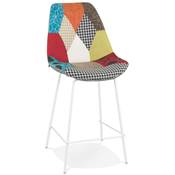 Tabouret de snack mi-hauteur 'KESKI MINI' tissu patchwork mulitcolor 4 piedsmétal blanc dossier haut
