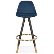 Tabouret snack mi-hauteur 'MODEN MINI' velours bleu 4 pieds bois noir pieds métal doré dossier haut