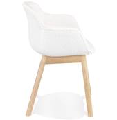 Chaise design à accoudoirs 'MAJESTY' en tissu bouclé blanc et 4 pieds en bois naturel