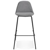 Tabouret de bar design style baroque 'Tekno' en velours gris 4 pieds en métal noir et dossier haut