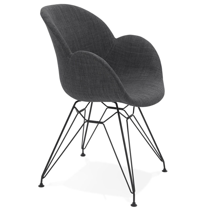 Chaise style industriel design à accoudoirs 'Lotus' en tissu gris foncé avec 4 pieds en métal noir