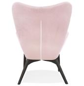 Fauteuil à oreilles capitonné design 'ELEGAN' en velours rose pieds en bois noir