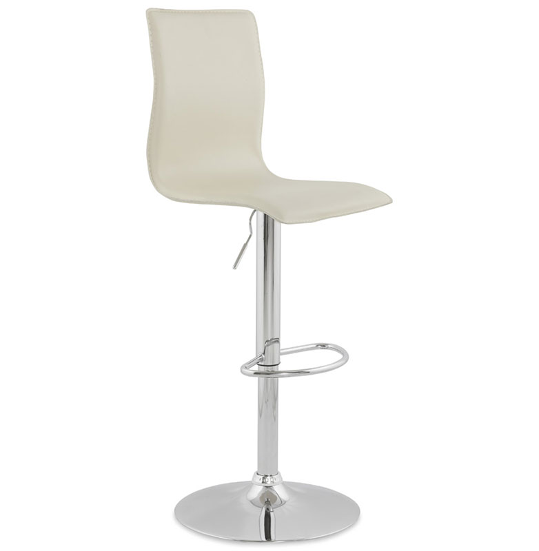 Tabouret de bar réglable design 'Luxe' pivotant crème pied central en métal chromé et dossier haut