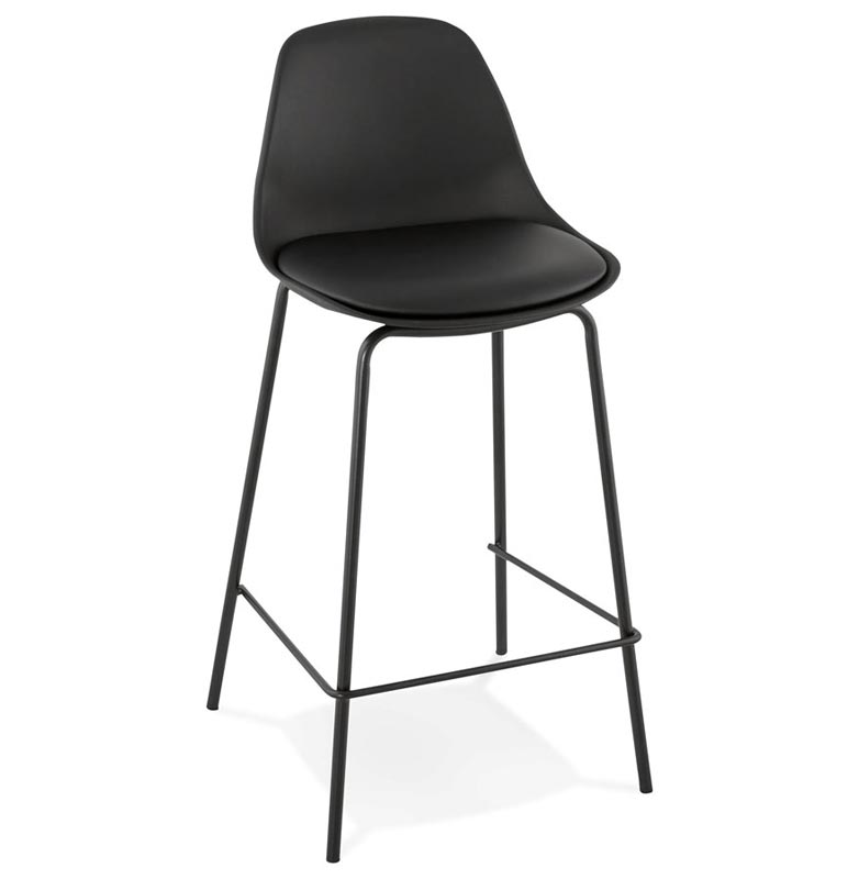 Tabouret de snack mi-hauteur 'Tekno Mini' noir avec 4 pieds en métal noir et dossier haut