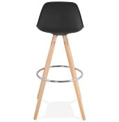 Tabouret de bar scandinave 'Circle' noir 4 pieds bois et repose pieds en métal chromé dossier haut