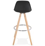 Tabouret de bar scandinave 'Circle' noir 4 pieds bois et repose pieds en métal chromé dossier haut