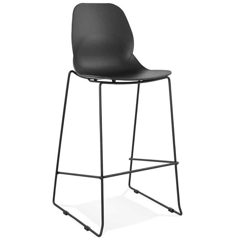 Tabouret de bar empilable design 'Great' noir 4 pieds en métal noir dossier haut