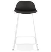 Tabouret de bar design 'Steel' noir pieds tréteaux et repose pieds en métal blanc et dossier bas