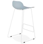 Tabouret de bar design 'Steel' bleu pieds tréteaux et repose pieds en métal blanc et dossier bas