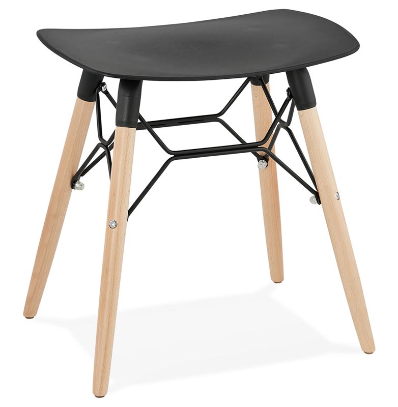 Tabouret bas scandinave 'Solo' noir avec 4 pieds en bois naturel