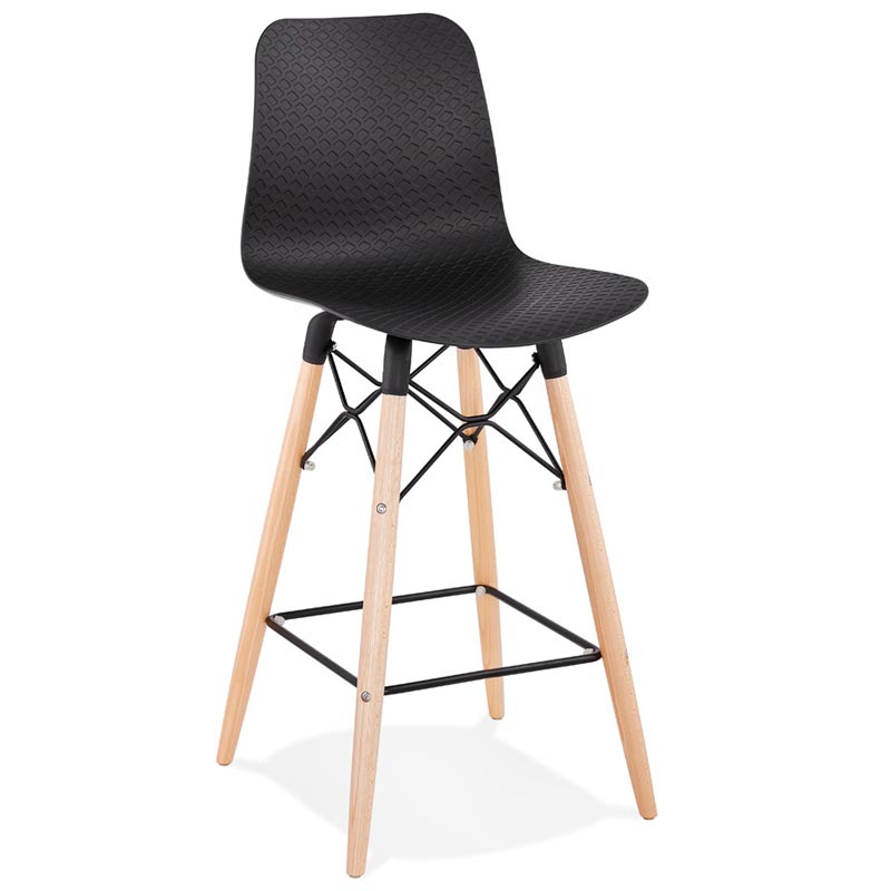 Tabouret de snack mi-hauteur scandinave 'Slakwood Mini' noir 4 pieds bois repose pieds dossier haut