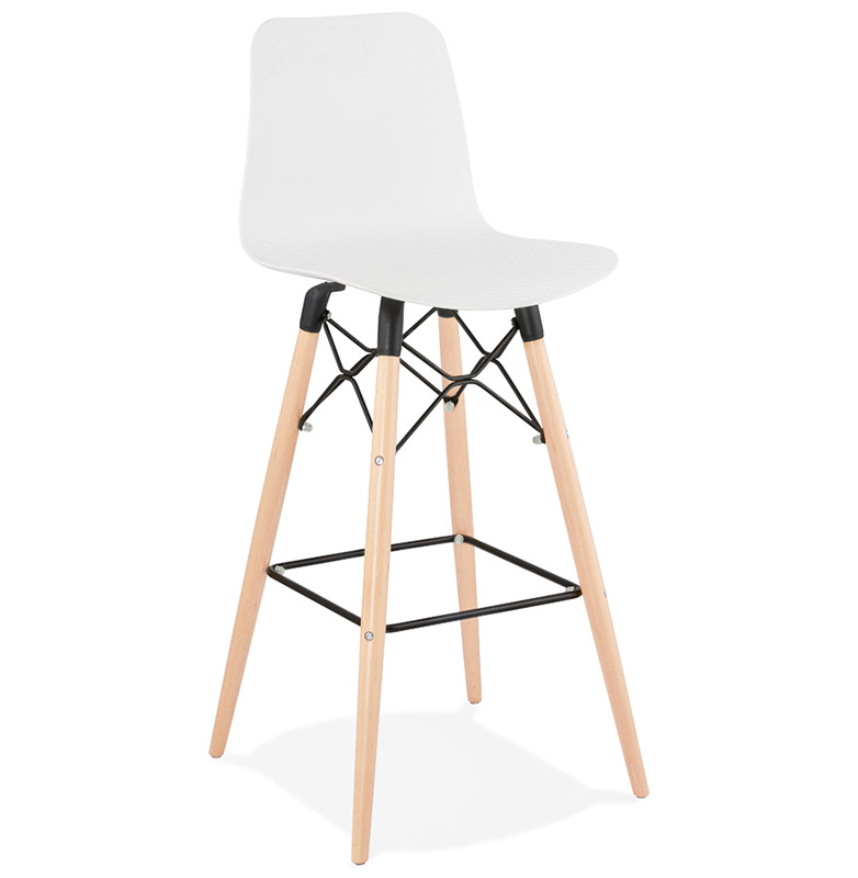 Tabouret de bar scandinave 'Slakwood' blanc 4 pieds bois et repose pieds en métal noir dossier haut