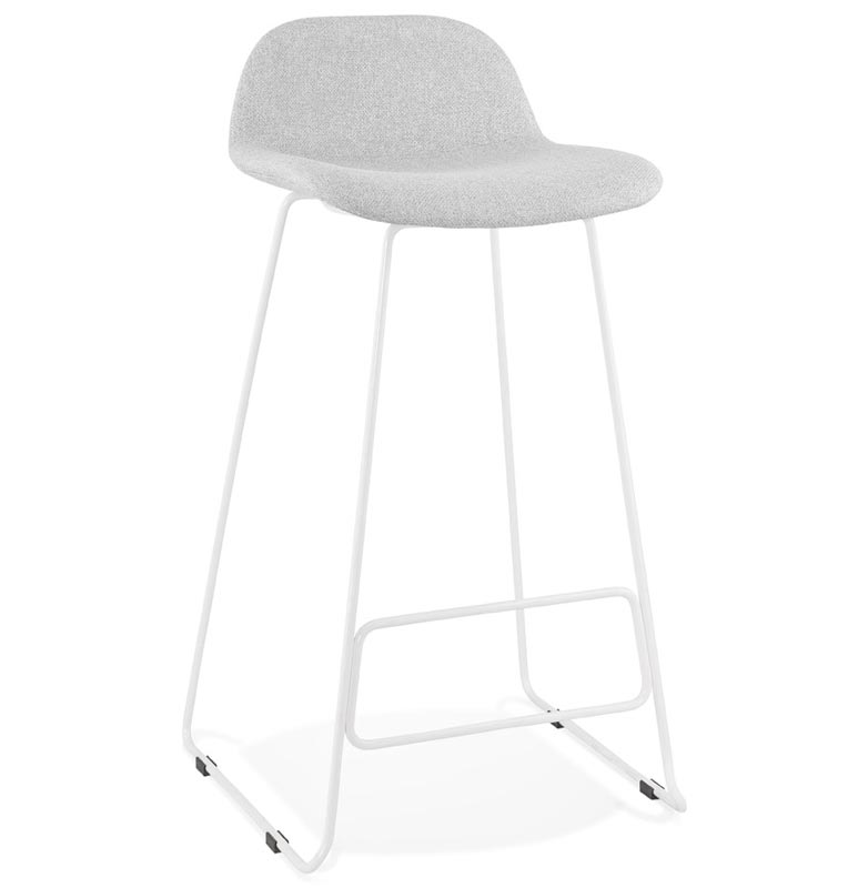 Tabouret de bar design 'Steel' tissu gris clair pieds tréteaux repose pieds métal blanc dossier bas