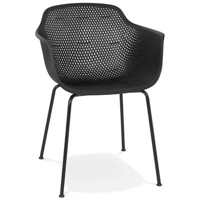 Chaise intérieur/extérieur design à accoudoirs 'RAIN' noire perforée avec 4 pieds en métal noir
