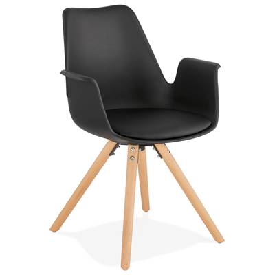 Chaise scandinave design à accoudoirs 'KUNG' noire avec 4 pieds en bois naturel