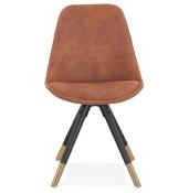 Chaise design 'Modena' en microfibre marron avec 4 pieds en bois noir et métal brossé doré