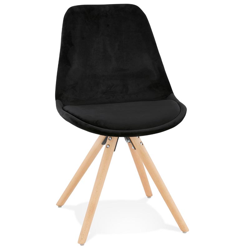 Chaise design 'Firenza' en velours noire avec 4 pieds en bois naturel