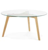 Table basse scandinave ronde 'Kölmy' plateau en verre 3 pieds en bois – Ø 90 cm