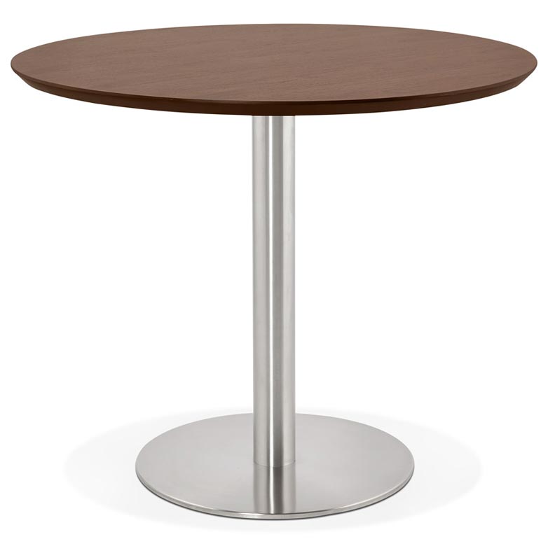 Petite table / table de réunion ronde 'Elea' plateau noyer pied central acier brossé - Ø 90 cm