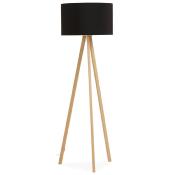 Lampadaire trépied scandinave 'Stätiv' abat-jour en tissu noir 3 pieds en bois naturel