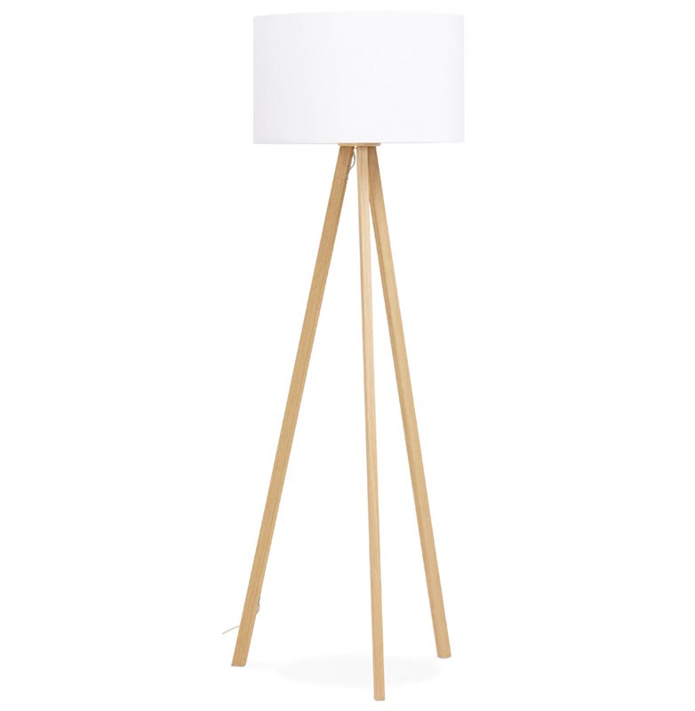 Lampadaire trépied scandinave 'Stätiv' abat-jour en tissu blanc 3 pieds en bois naturel