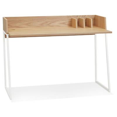 Petit bureau droit / table de travail design 'RAFFINE' bois naturel pieds métal blanc - 120 x 60 cm