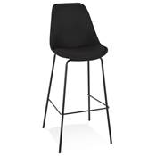 Tabouret de bar design baroque 'KESKI' en tissu noir 4 pieds et repose pieds métal noir dossier haut
