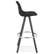 Tabouret de bar 'BLACK CIRCLE' en tissu noir 4 pieds bois noir et repose pieds chromé dossier haut