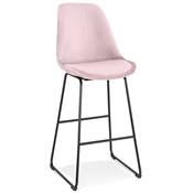 Tabouret de bar design 'GUSTO' en velours rose pieds tréteaux repose pieds métal noir dossier haut