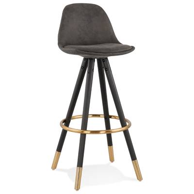 Tabouret de bar 'MODEN' microfibre grise 4 pieds bois noir repose pieds et pieds doré dossier haut