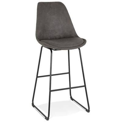 Tabouret de bar 'GUSTO' en microfibre grise pieds tréteaux et repose pieds métal noir dossier haut