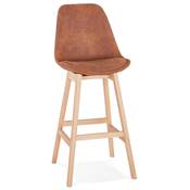 Tabouret de bar design scandinave 'CHAIRMAN' en microfibre marron 4 pieds bois naturel dossier haut