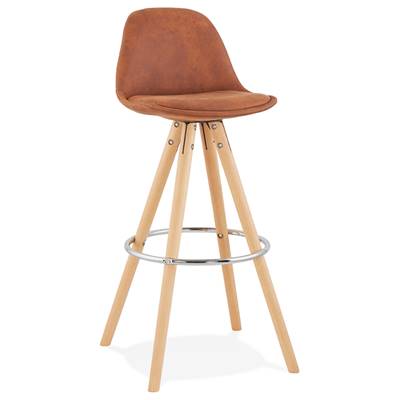Tabouret de bar scandinave 'CIRCLE' microfibre marron 4 pieds bois repose pieds chromé dossier haut