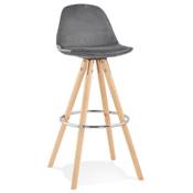 	Tabouret bar scandinave 'CIRCLE' velours gris 4 pieds bois naturel repose pieds chromé dossier haut