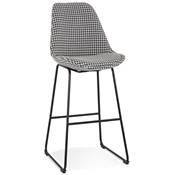 Tabouret de bar design 'GUSTO' en tissu pied de poule avec pieds tréteaux en métal noir dossier haut
