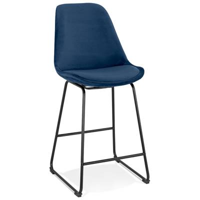 Tabouret de snack mi-hauteur 'GUSTO MINI' velours bleu pieds tréteaux en métal noir dossier haut