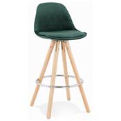 Tabouret snack mi-hauteur scandinave 'CIRCLE MINI' velours vert 4 pieds bois et chromé dossier haut